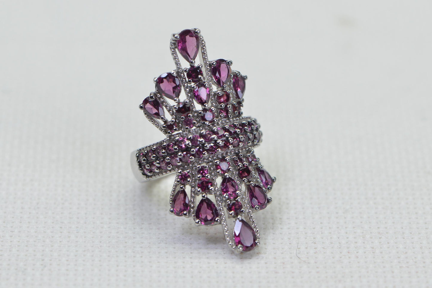 Rhodolite Garnet Floral Cocktail Ring: 14K White Gold Vermeil Sterling Silver