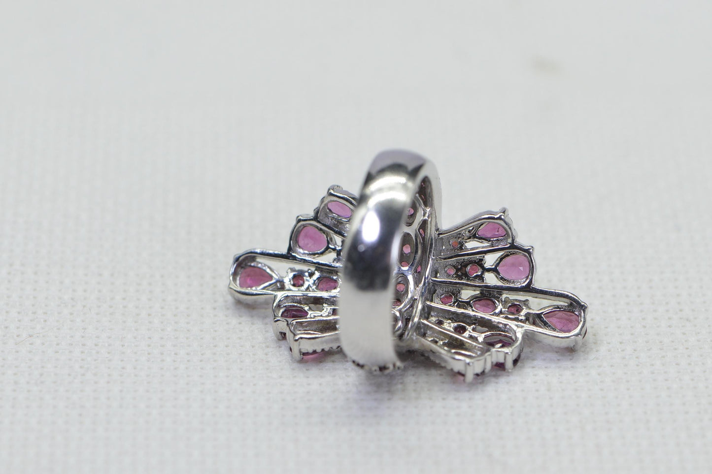 Rhodolite Garnet Floral Cocktail Ring: 14K White Gold Vermeil Sterling Silver