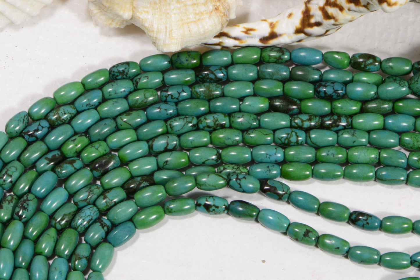 Natural Turquoise Rice Beads: Green & Black Gemstone Strand (7.5x4.6mm)