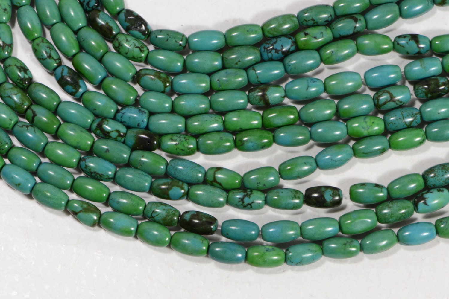 Natural Turquoise Rice Beads: Green & Black Gemstone Strand (7.5x4.6mm)