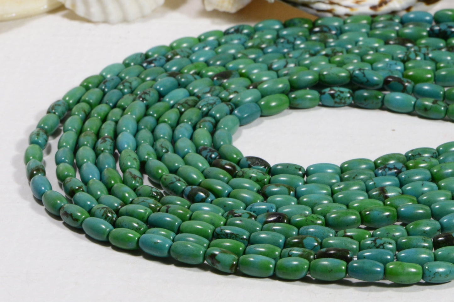 Natural Turquoise Rice Beads: Green & Black Gemstone Strand (7.5x4.6mm)