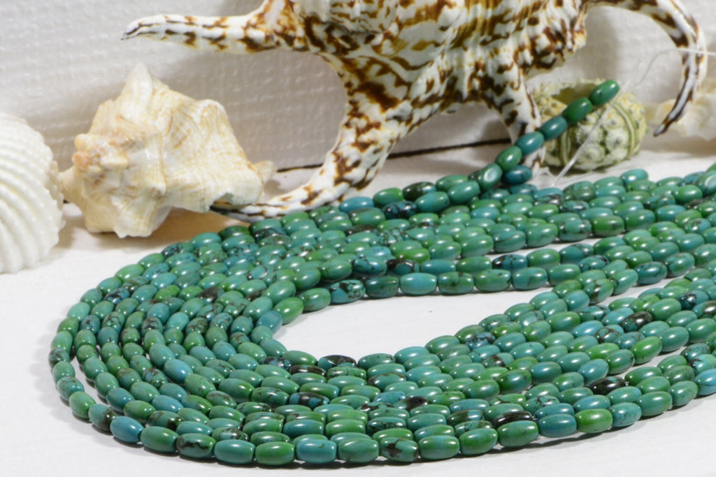 Natural Turquoise Rice Beads: Green & Black Gemstone Strand (7.5x4.6mm)