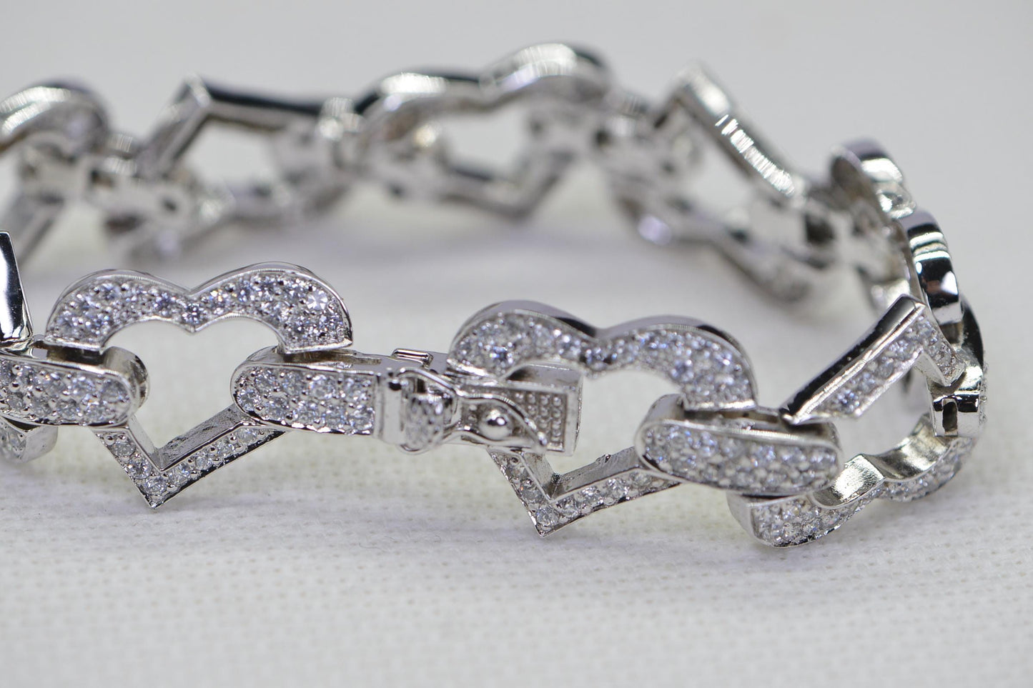 Heart Link Bracelet: Simulated Diamond, 14K White Gold Over Sterling Silver