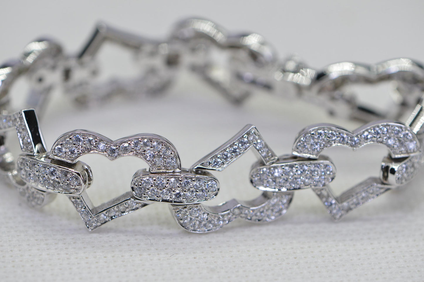 Heart Link Bracelet: Simulated Diamond, 14K White Gold Over Sterling Silver