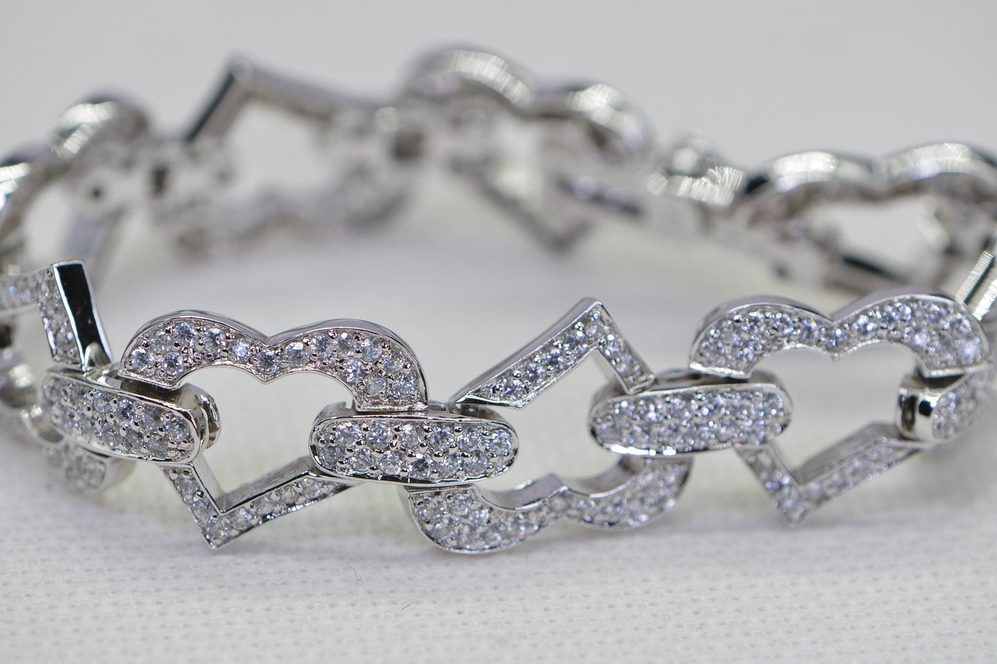 Heart Link Bracelet: Simulated Diamond, 14K White Gold Over Sterling Silver