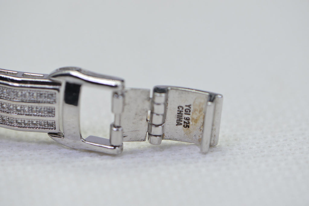 Simulated Diamond 14K White Gold Over Sterling Silver Rectangle Link Heavy Man Bracelet