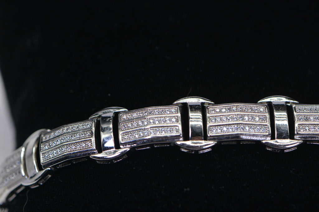 Simulated Diamond 14K White Gold Over Sterling Silver Rectangle Link Heavy Man Bracelet