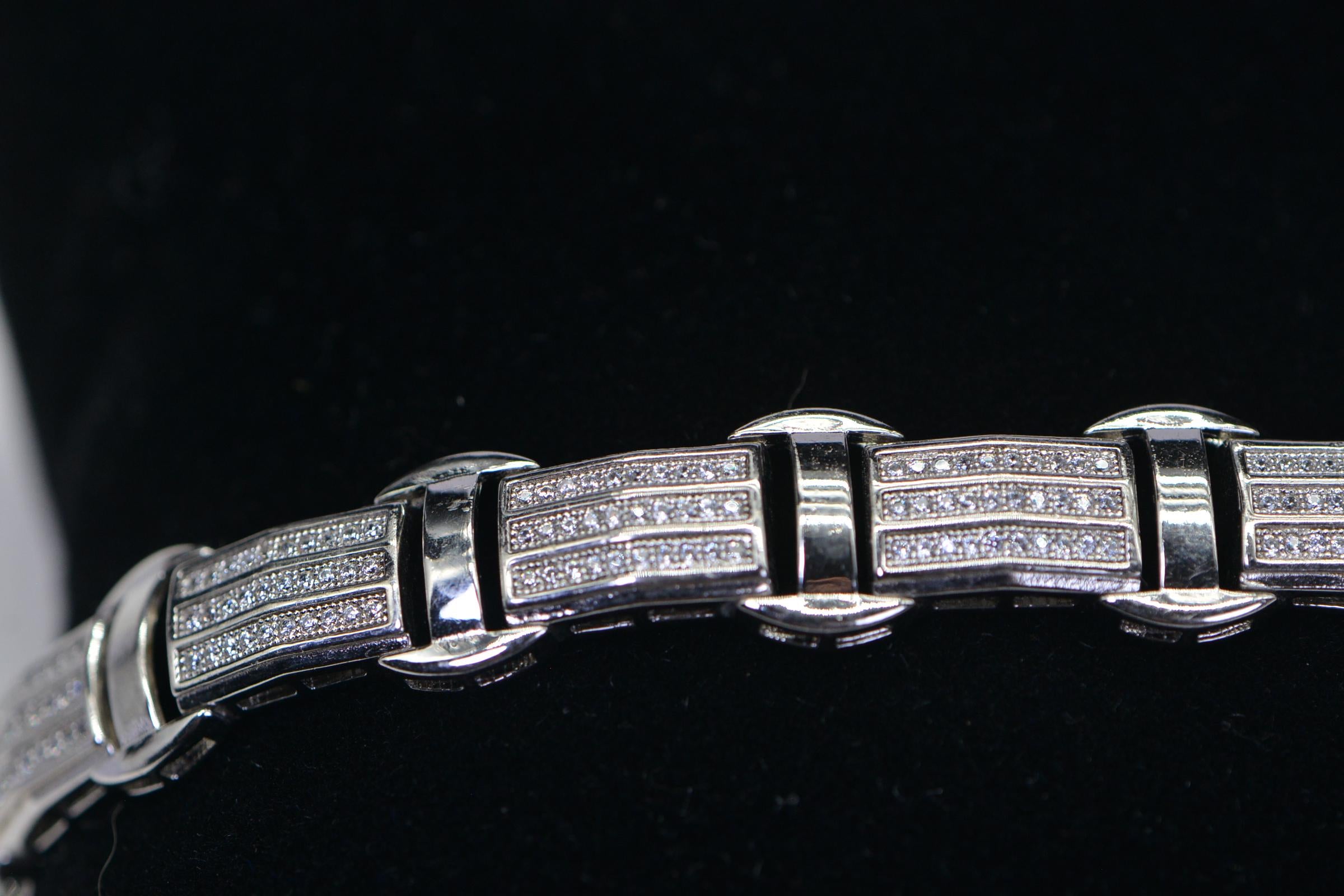 Simulated Diamond 14K White Gold Over Sterling Silver Rectangle Link Heavy Man Bracelet