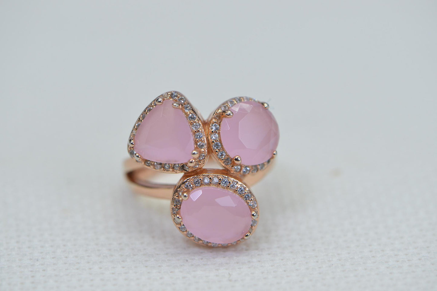 14K Rose Gold Vermeil Natural Rose Quartz Trilogy Design Halo Women Ring