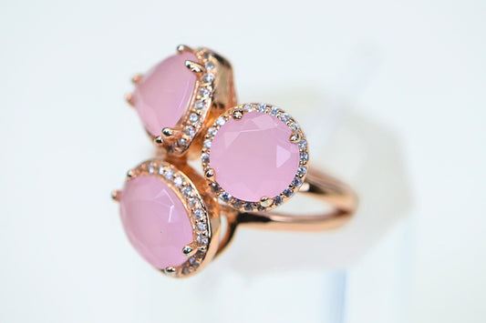14K Rose Gold Vermeil Natural Rose Quartz Trilogy Design Halo Women Ring