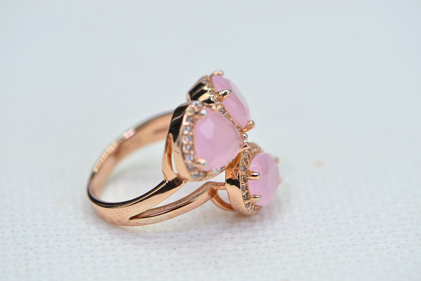 14K Rose Gold Vermeil Natural Rose Quartz Trilogy Design Halo Women Ring