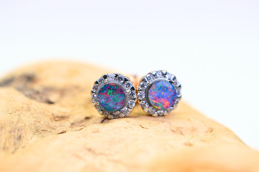 14K Solid Gold Australian Black Opal Stud Screw Back Earrings