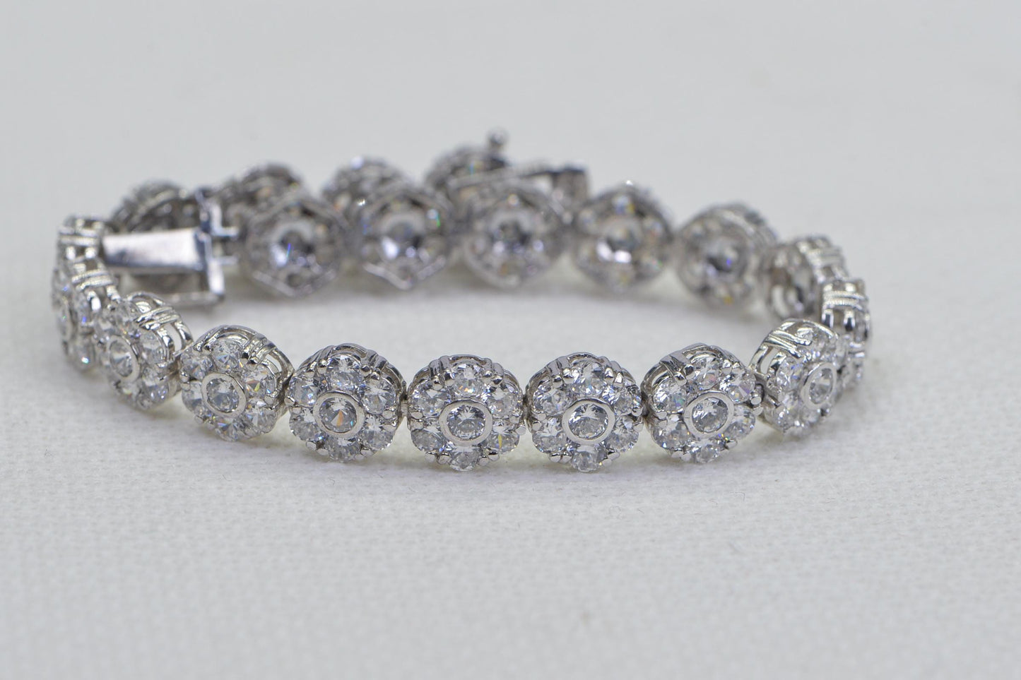 Floral Simulated Diamond Tennis Bracelet: 14K White Gold Vermeil, Sterling Silver