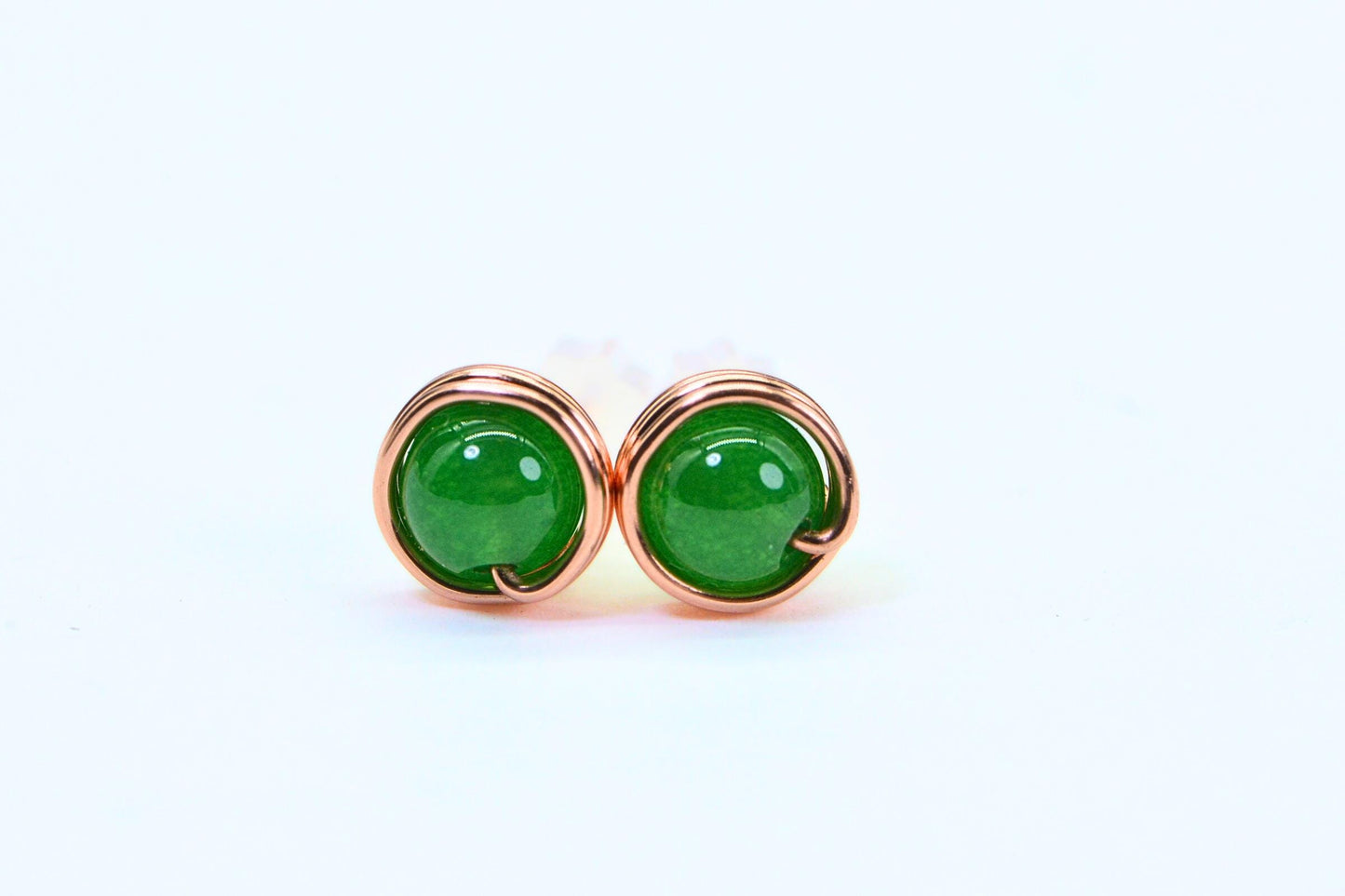 Handmade Copper Wire Wrapped Jade Stud Earrings