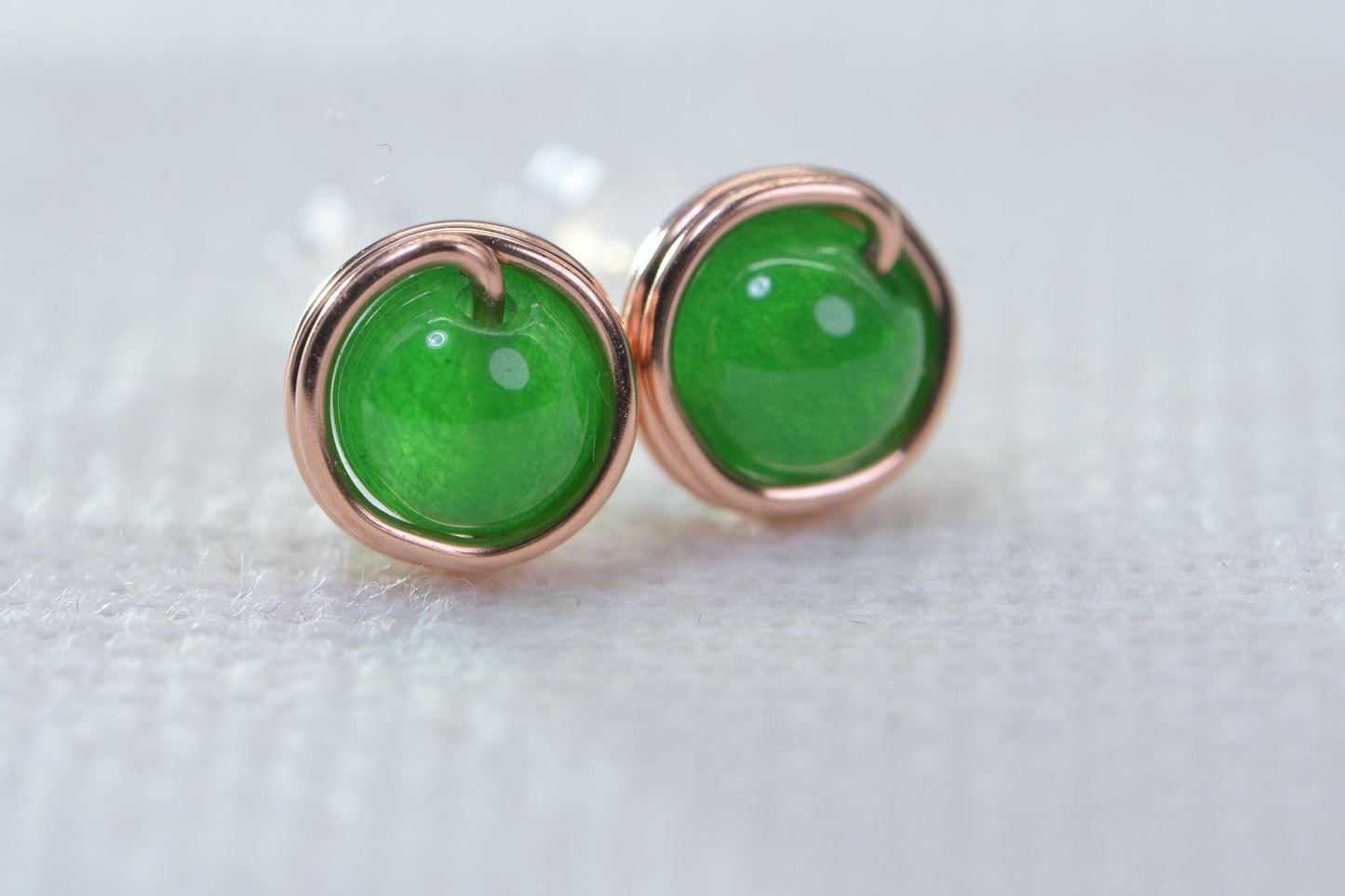 Handmade Copper Wire Wrapped Jade Stud Earrings