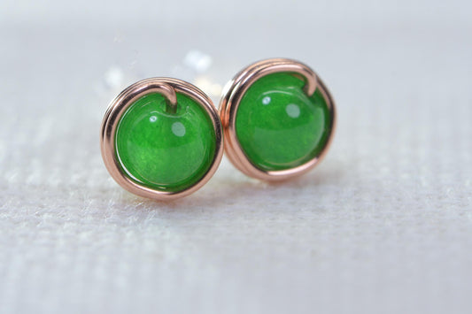 Handmade Copper Wire Wrapped Jade Stud Earrings