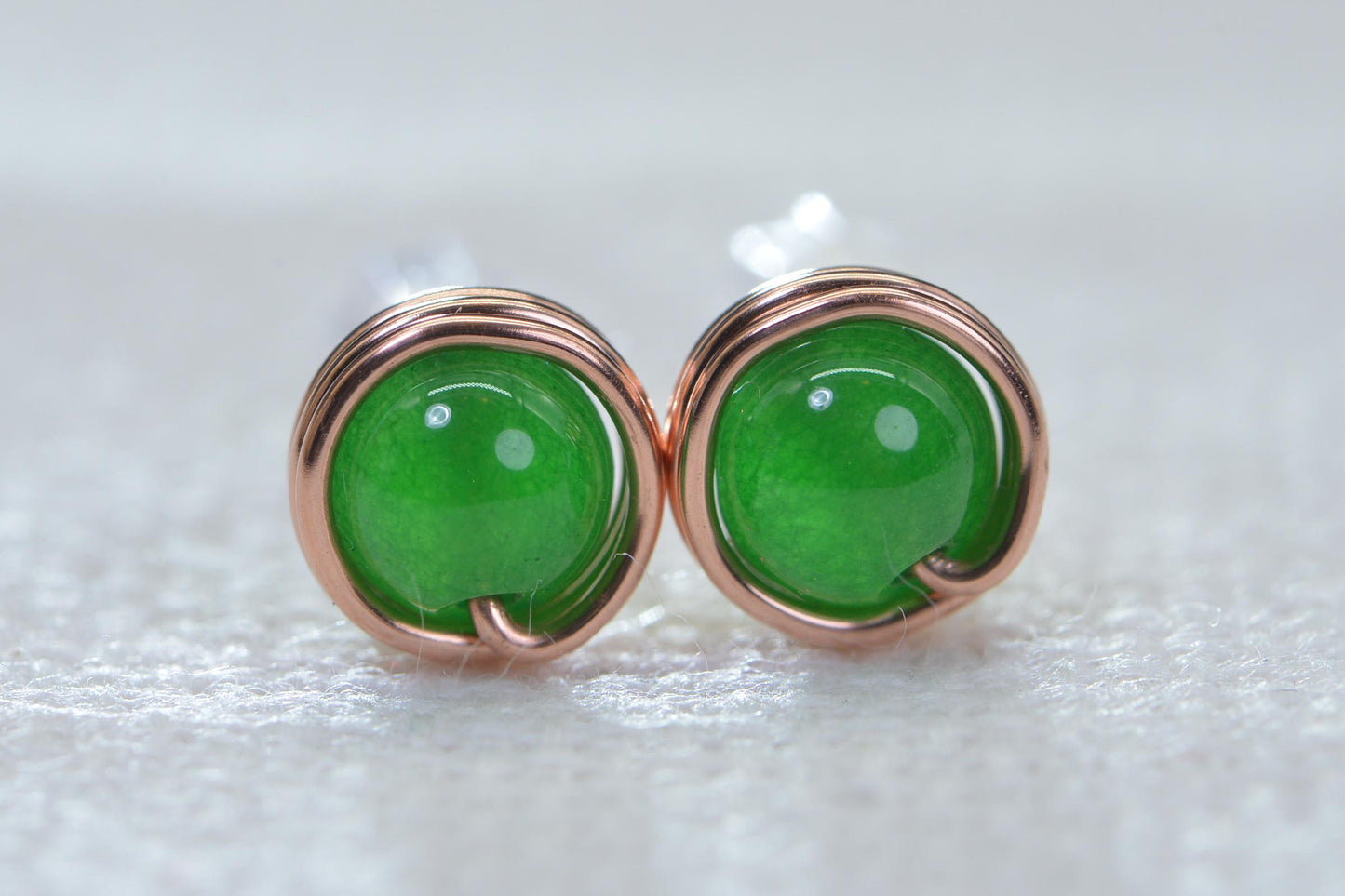 Handmade Copper Wire Wrapped Jade Stud Earrings