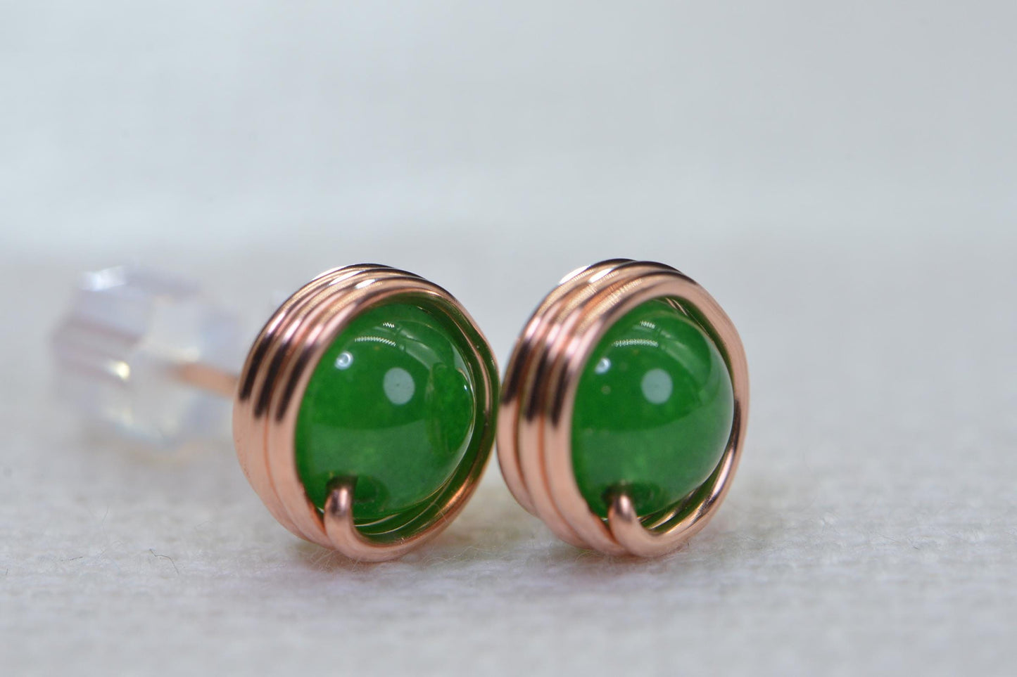 Handmade Copper Wire Wrapped Jade Stud Earrings