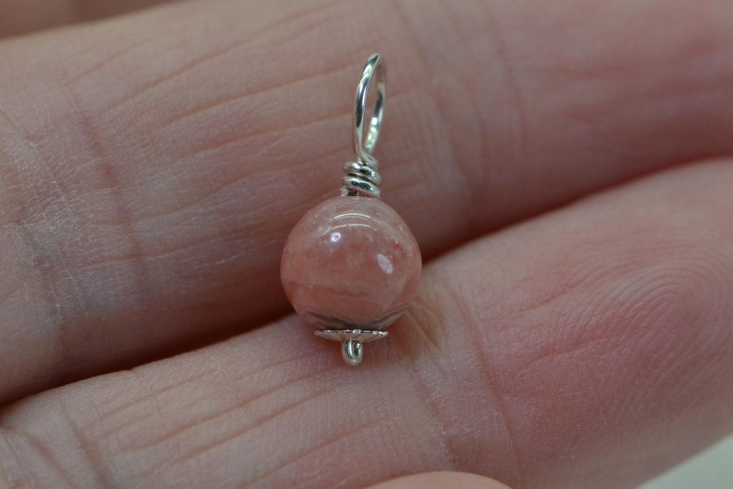 Rhodochrosite Charm, Sterling Silver Wire Wrapped Gemstone Dangle
