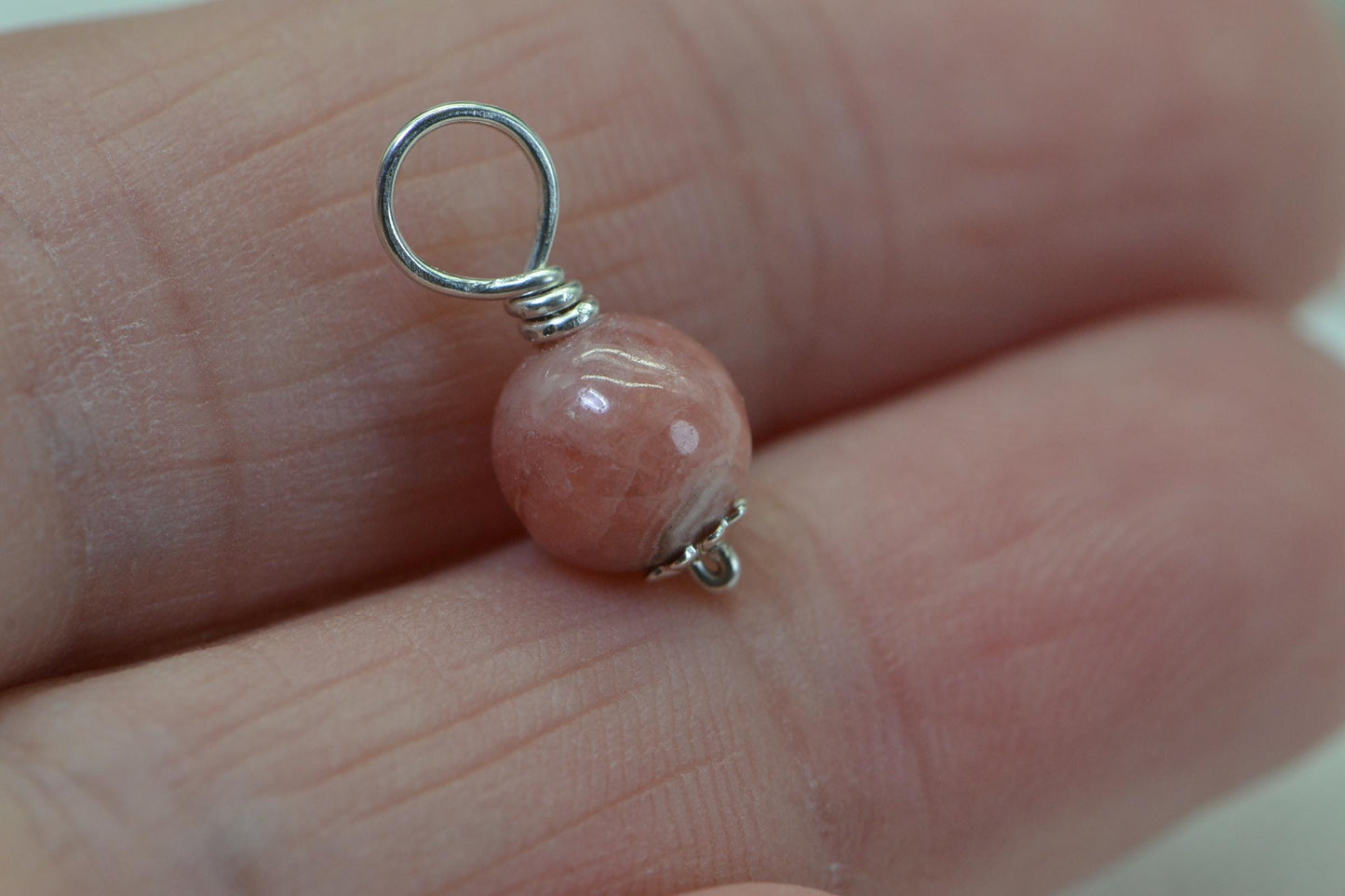 Rhodochrosite Charm, Sterling Silver Wire Wrapped Gemstone Dangle