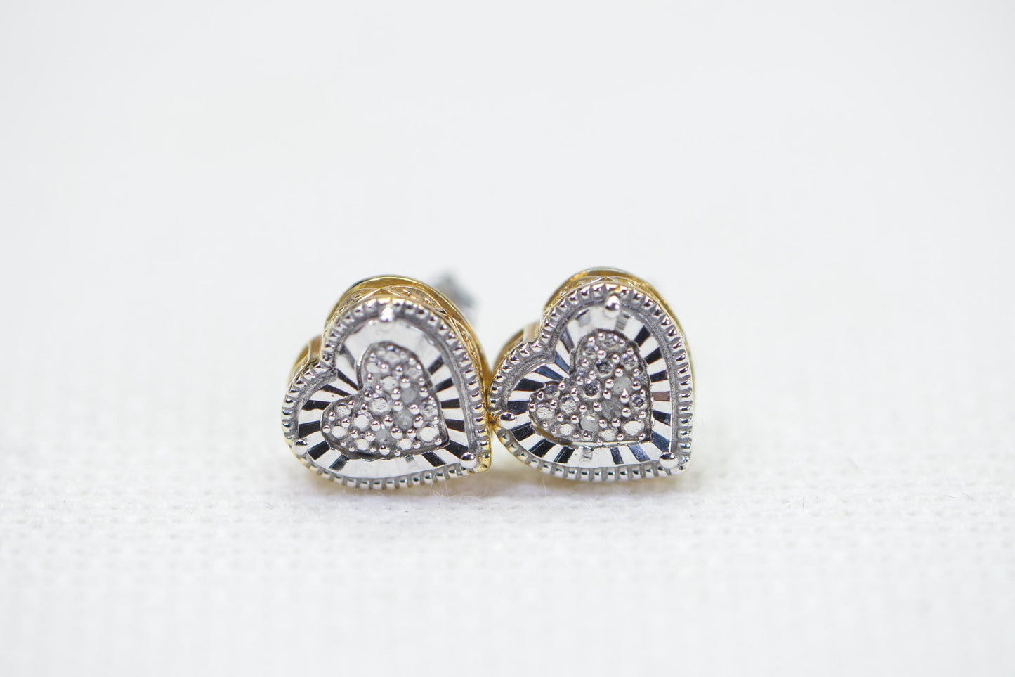 Diamond Heart Stud Earrings: 14K Gold Vermeil Lace, Vintage Style