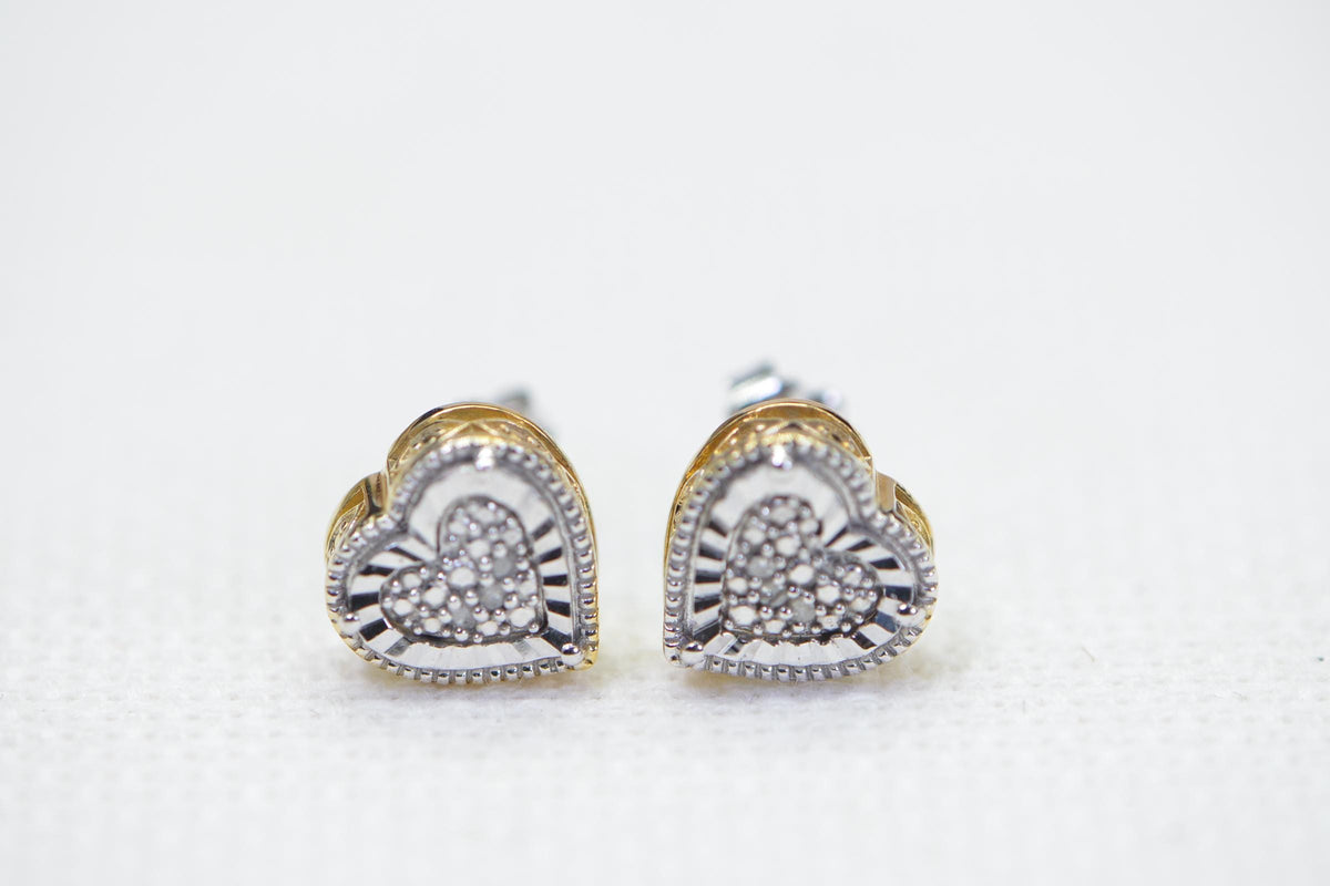 Two-Tone Diamond Heart Stud Earrings: Sterling Silver Vermeil Filigree