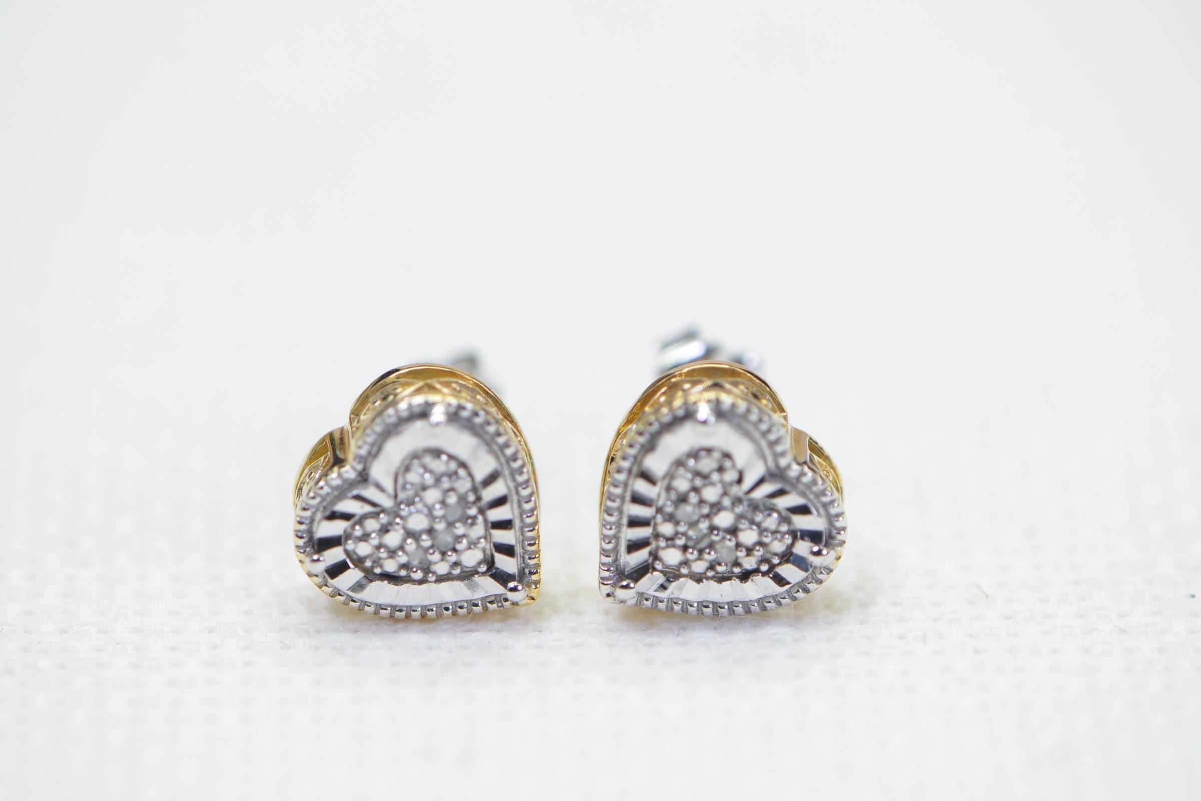 Two-Tone Diamond Heart Stud Earrings: Sterling Silver Vermeil Filigree