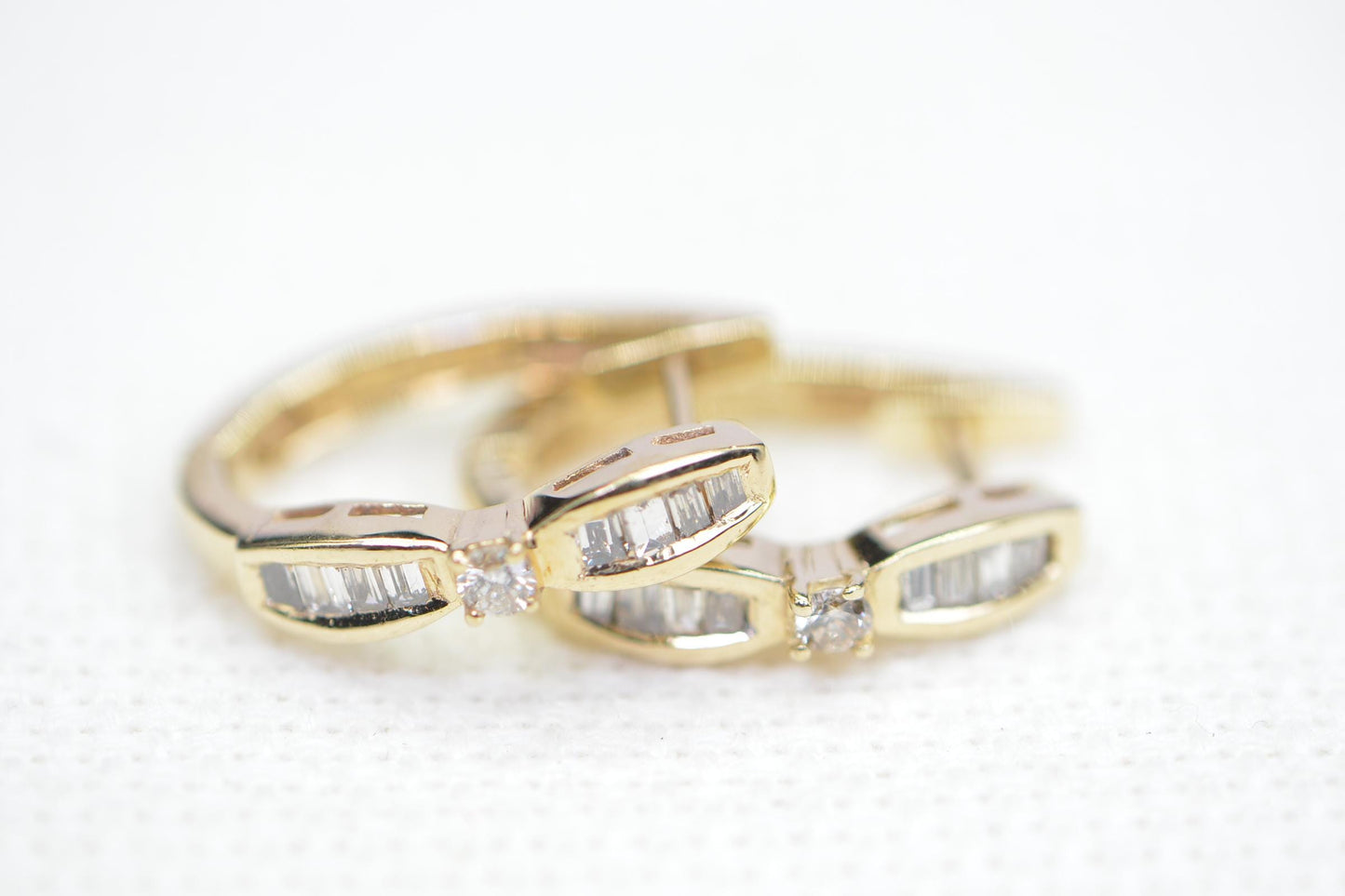 14K Yellow Gold Baguette and Round Diamond  Earrings English Lock Closure