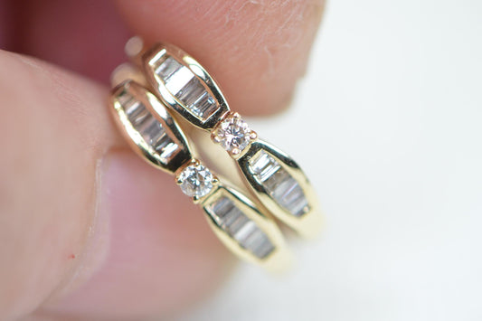 14K Yellow Gold Baguette and Round Diamond  Earrings English Lock Closure