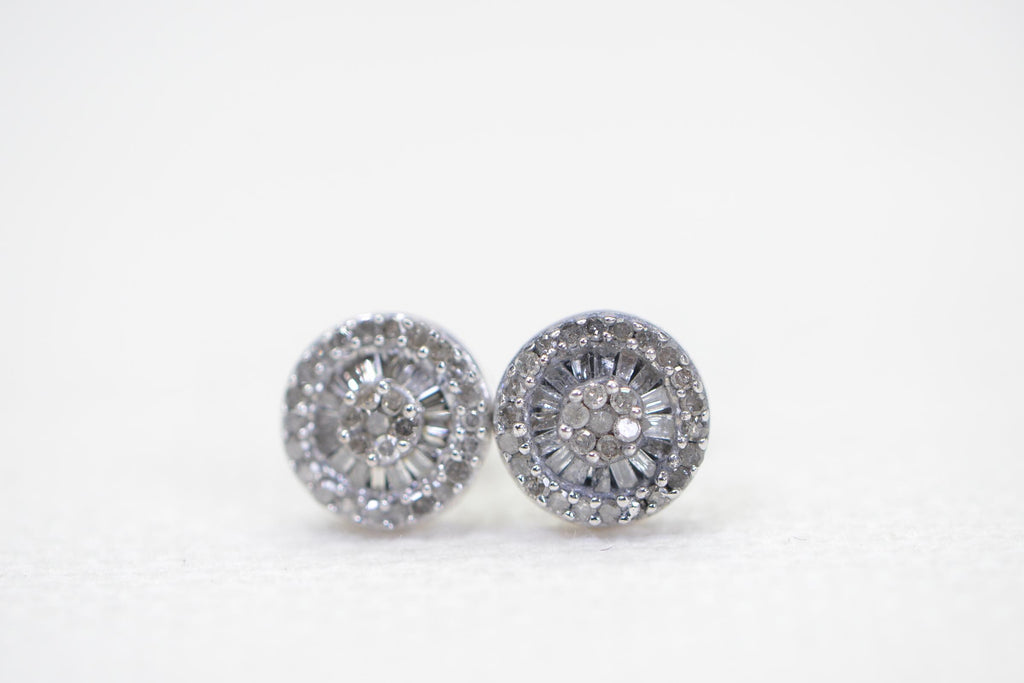 Natural Diamond Halo Stud Earrings: Sterling Silver Vintage Style