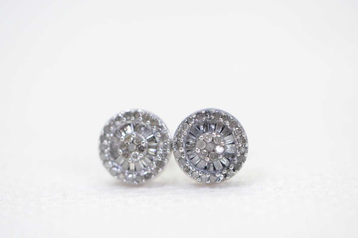 Natural Diamond Halo Stud Earrings: Sterling Silver Vintage Style