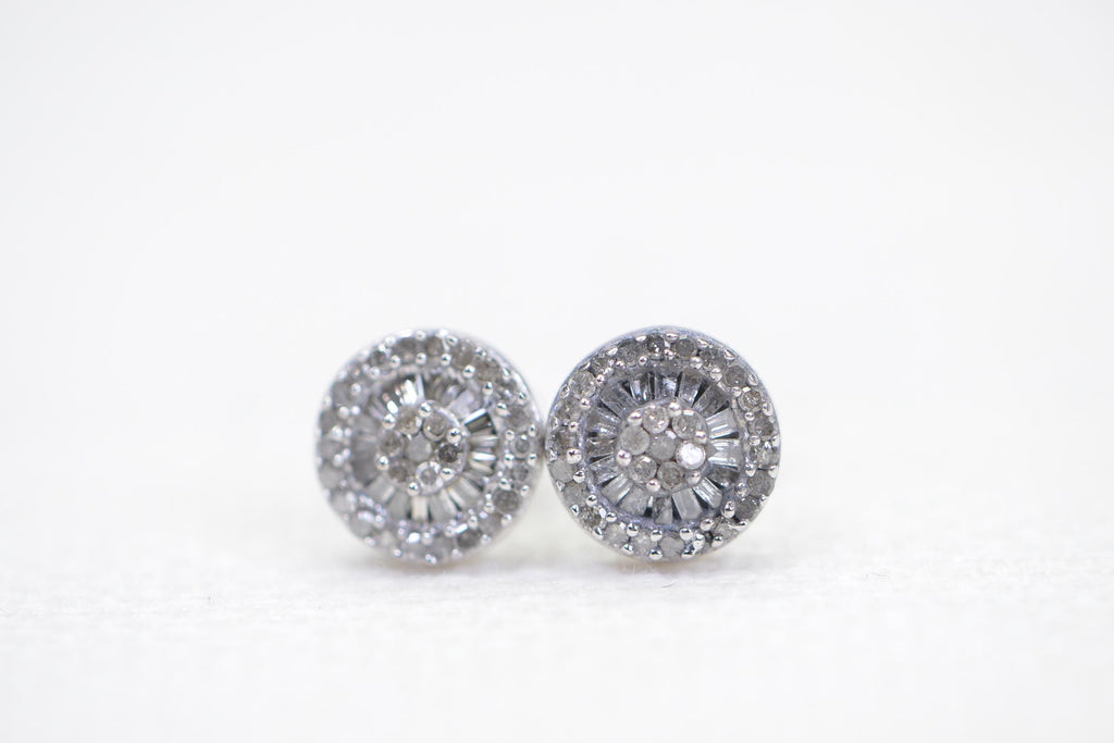 Natural Diamond Halo Stud Earrings: Sterling Silver Vintage Style