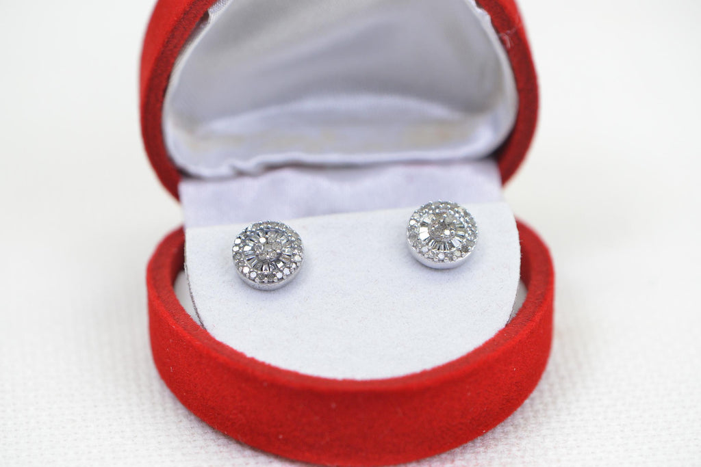 Natural Diamond Halo Stud Earrings: Sterling Silver Vintage Style