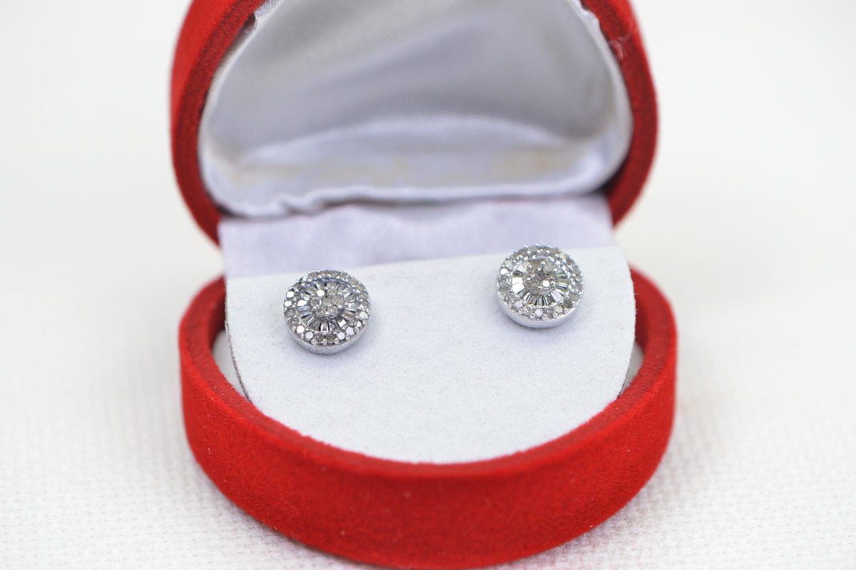 Natural Diamond Halo Stud Earrings: Sterling Silver Vintage Style