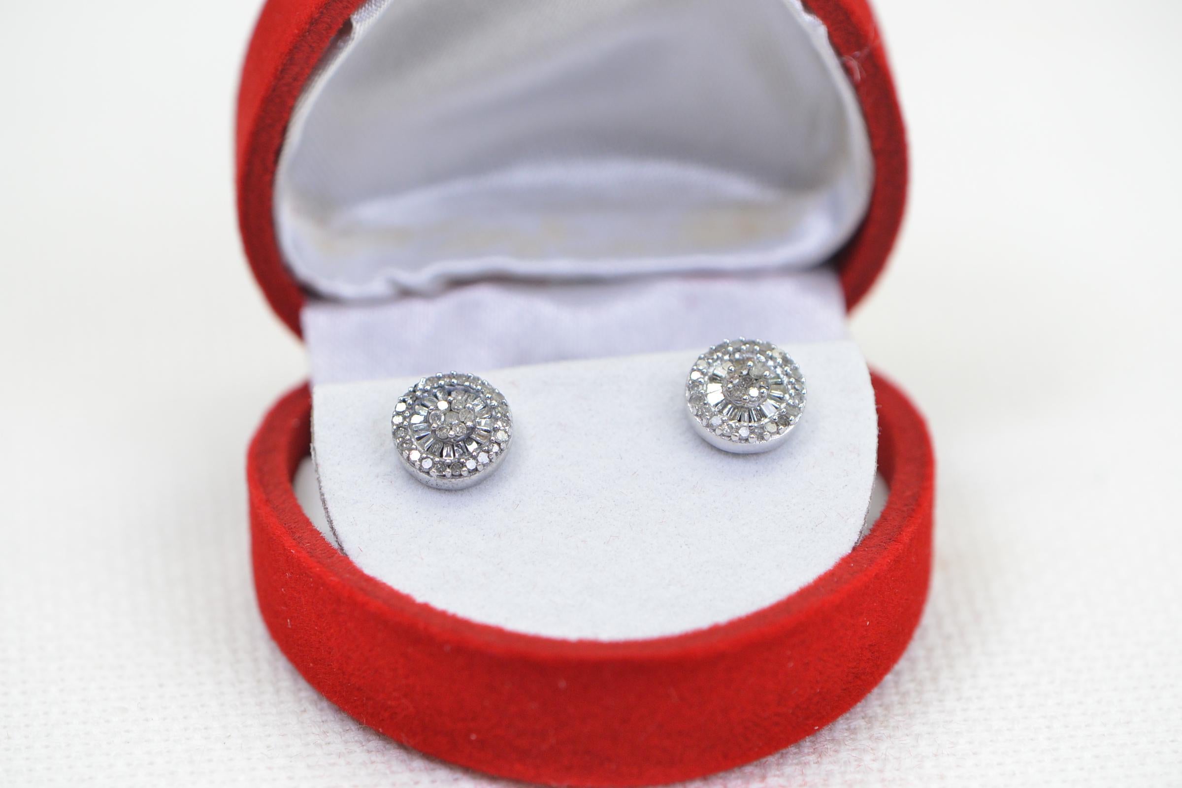 Natural Diamond Halo Stud Earrings: Sterling Silver Vintage Style