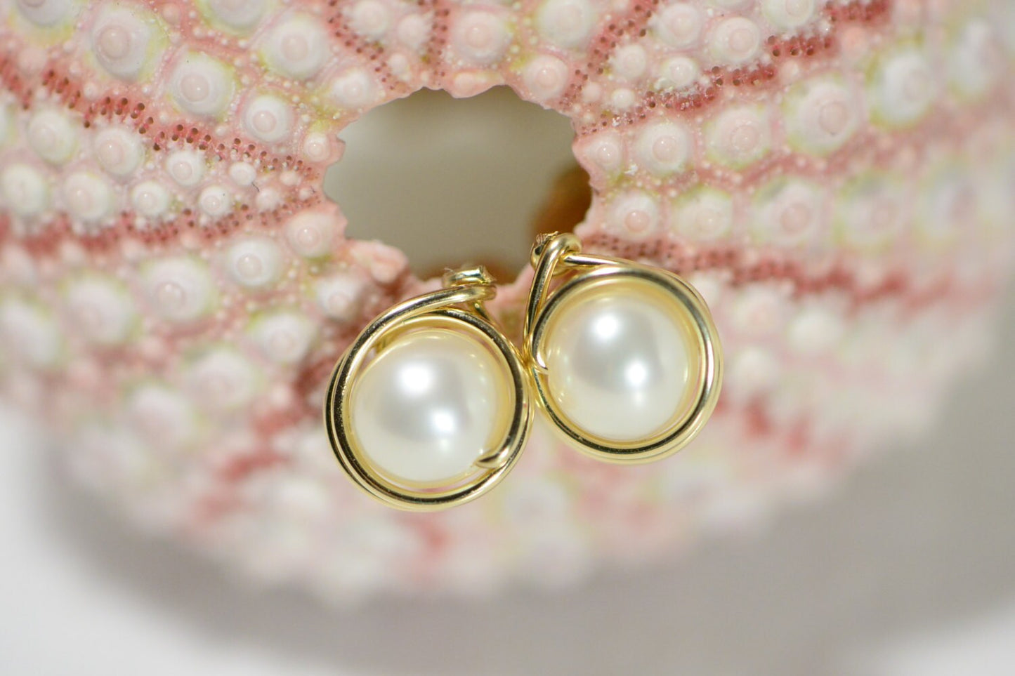 14K Gold Filled Pearl Stud Earrings, Wire Wrapped