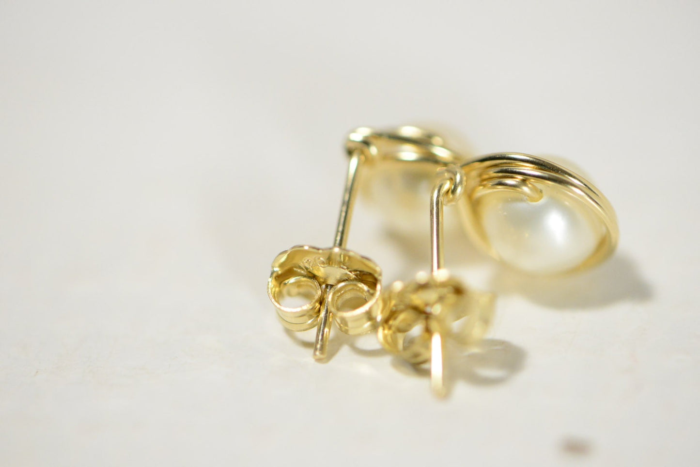 14K Gold Filled Pearl Stud Earrings, Wire Wrapped