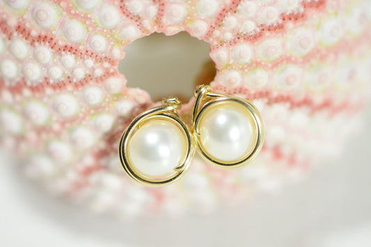 14K Gold Filled Pearl Stud Earrings, Wire Wrapped