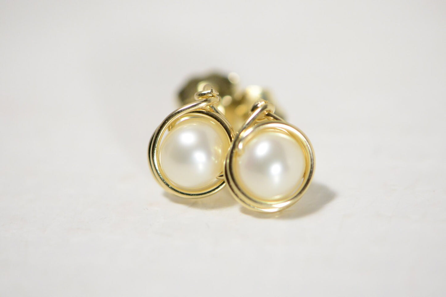14K Gold Filled Pearl Stud Earrings, Wire Wrapped