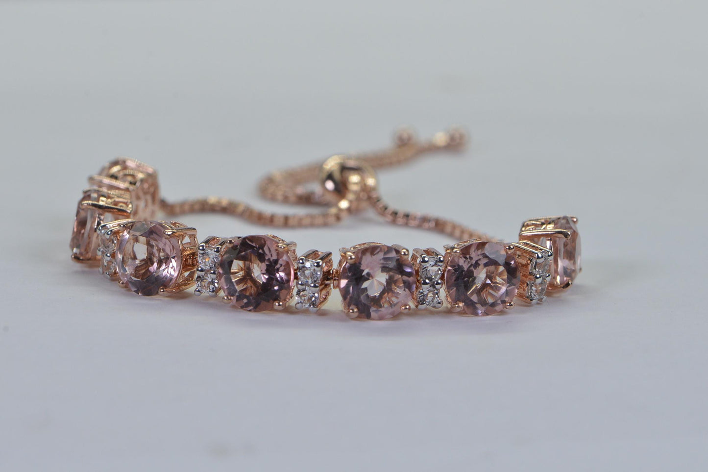 Morganite Bolo Bracelet: Peach Gemstone, White Topaz, Rose Gold Vermeil