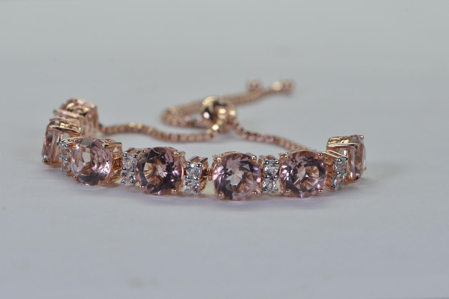 Morganite Bolo Bracelet: Peach Gemstone, White Topaz, Rose Gold Vermeil