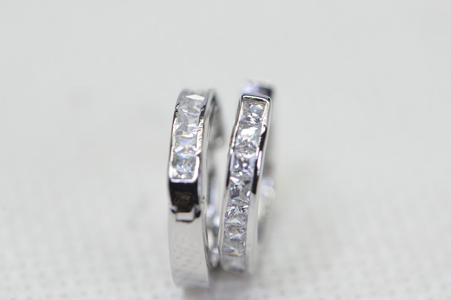 Sterling Silver Hoop Earrings: Princess Cut CZ Simulated Diamond