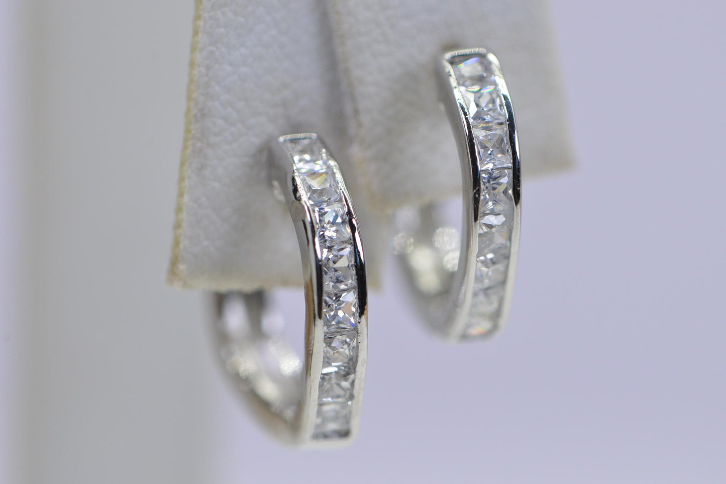 Sterling Silver Hoop Earrings: Princess Cut CZ Simulated Diamond