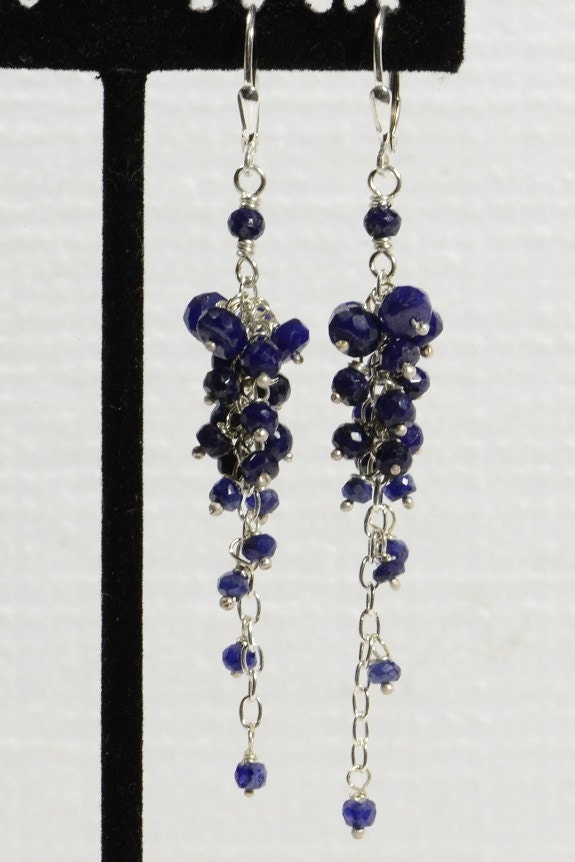 Cluster Sapphire Earrings, Long Sterling Silver Chandelier, September Birthstone