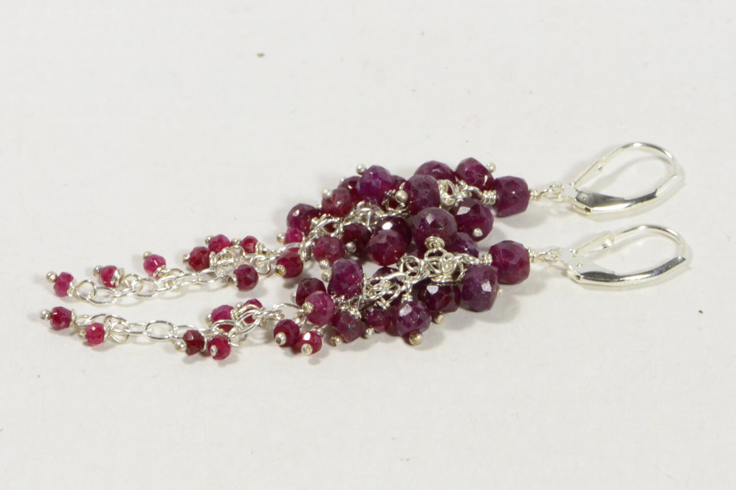 Ruby Cluster Earrings: Sterling Silver Wire Wrapped Dangle Earrings
