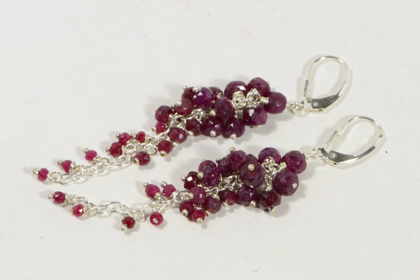 Ruby Cluster Earrings: Sterling Silver Wire Wrapped Dangle Earrings