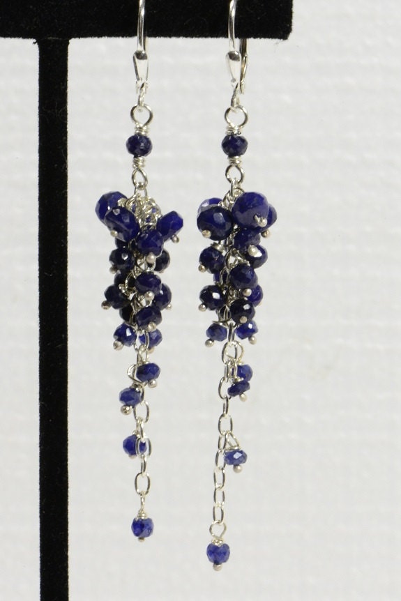 Cluster Sapphire Earrings, Long Sterling Silver Chandelier, September Birthstone