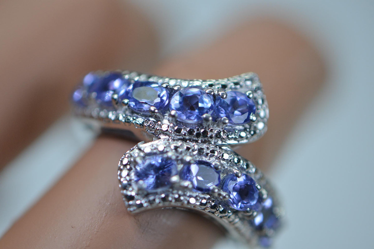 Genuine Tanzanite Sterling Silver Ring: Oval Cluster Band, December Birthstone