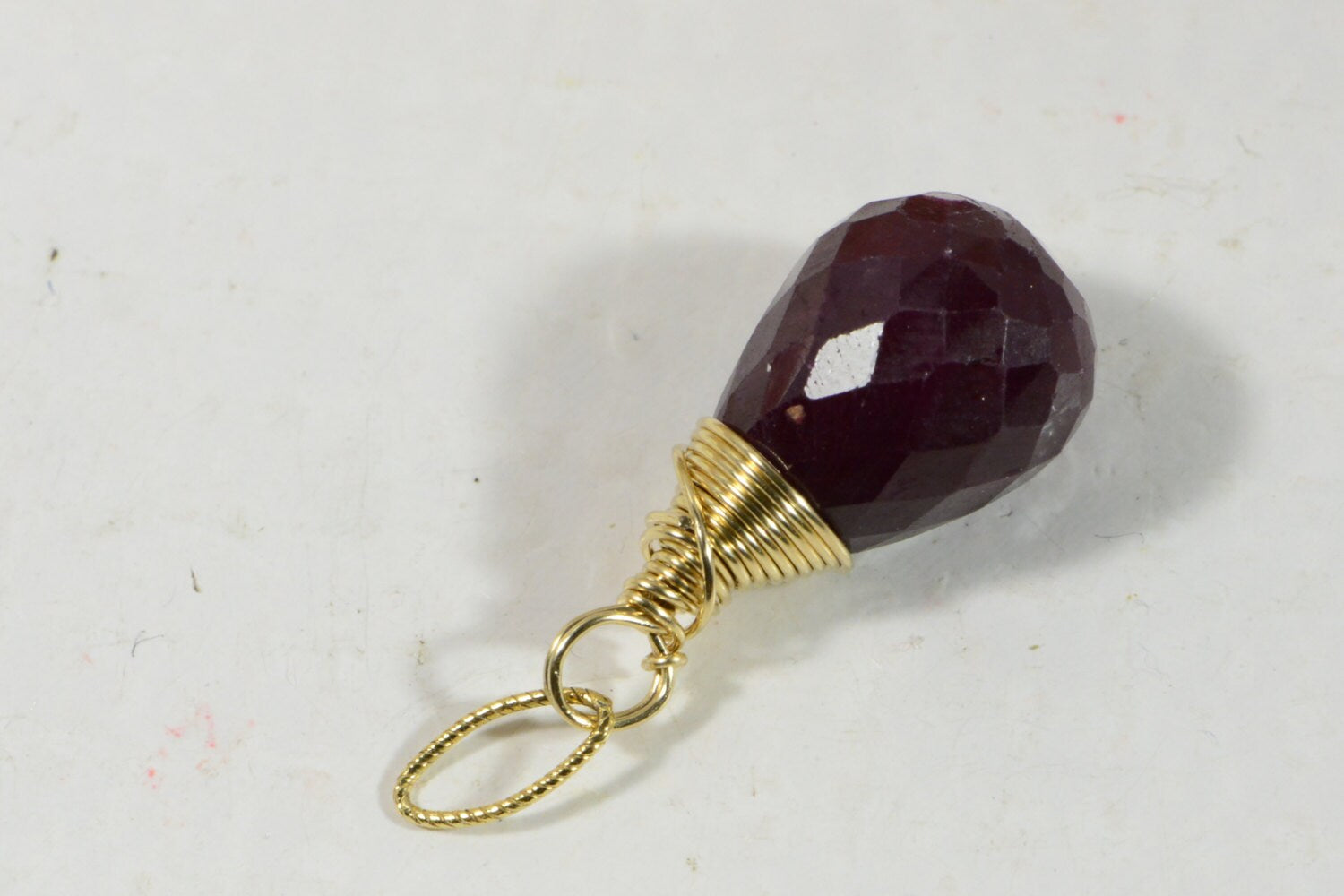 Genuine Ruby Facet  Briolette, Wire Wrapped Ruby Pendant, 12.5 X7.7mm 6.15ct Birthstone for July