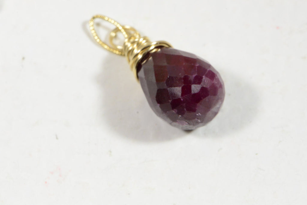 Genuine Ruby Facet  Briolette, Wire Wrapped Ruby Pendant, 12.5 X7.7mm 6.15ct Birthstone for July